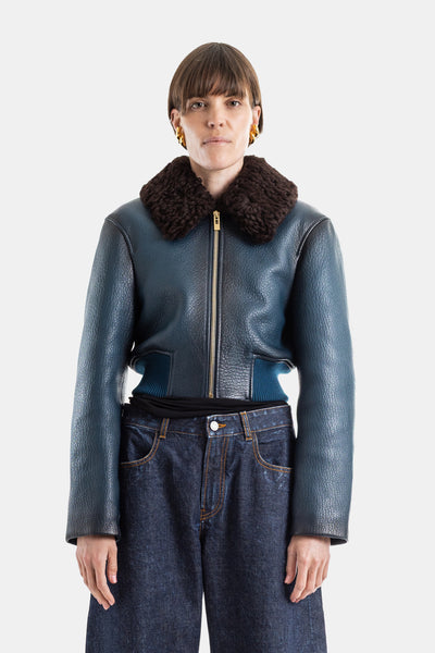 Petroleum Blue Grained Leather Aviator Jacket with Shearling Collar