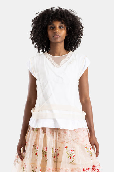 Nude Lace and Pearl Overlay T-shirt