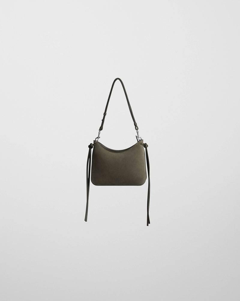 Phoebe Philo petit sac Gig en daim kaki, silhouette demi-lune minimaliste avec lanières nouées et bandoulière ajustable