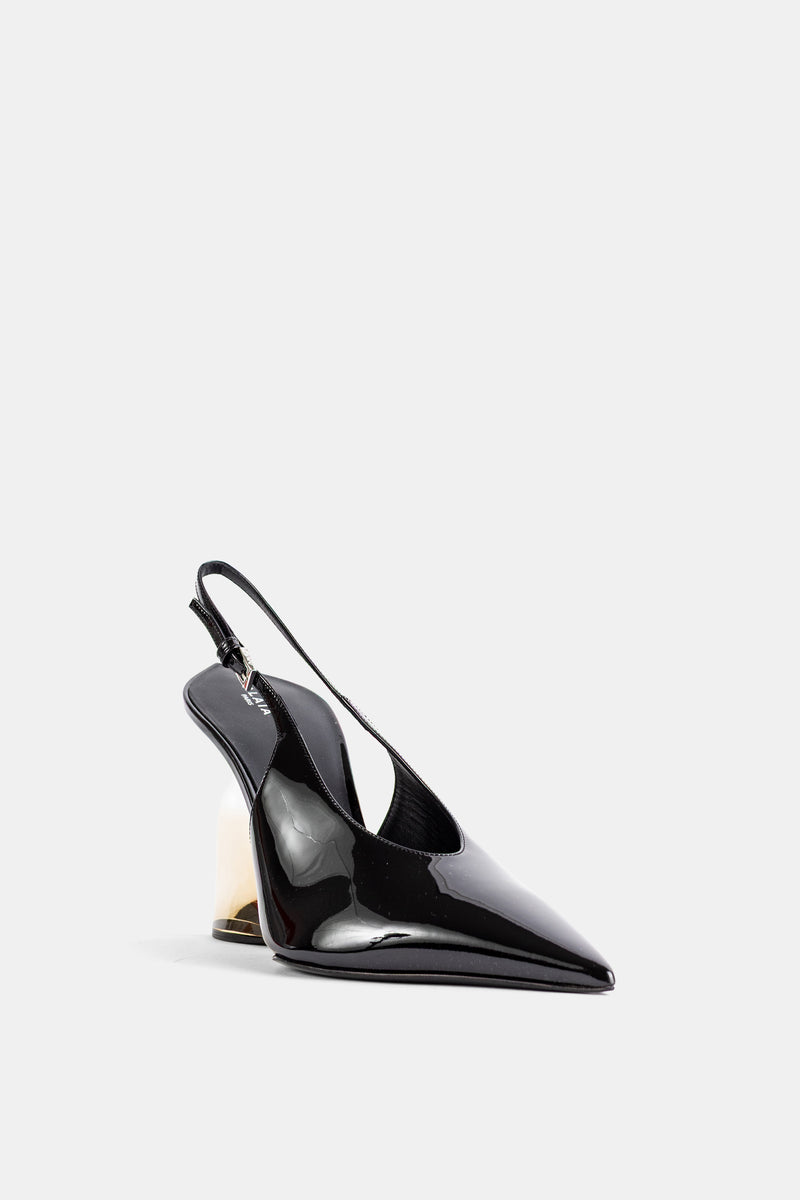 Maison Alaïa escarpins slingback vernis noir talon sculptural translucide bride cheville réglable vue latérale