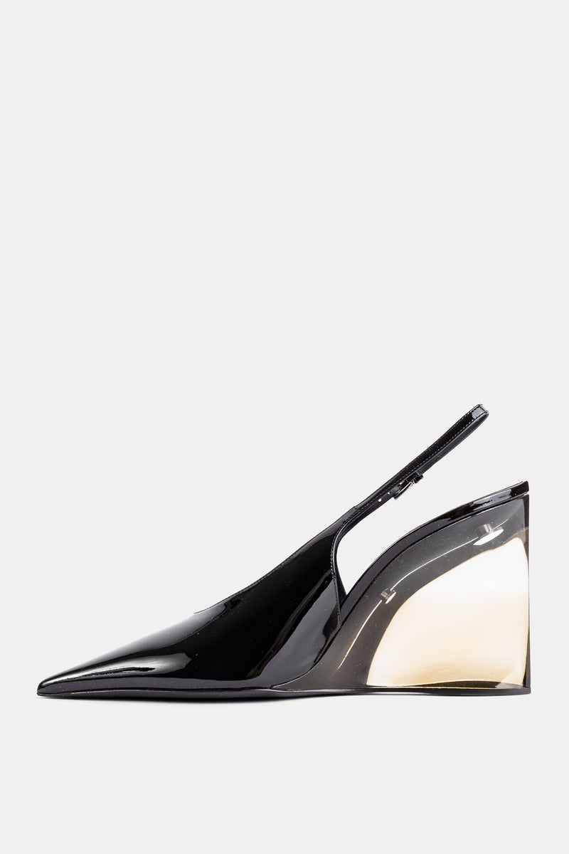 Maison Alaïa slingback verni noir profil intérieur talon bloc transparent reflet doré semelle plate