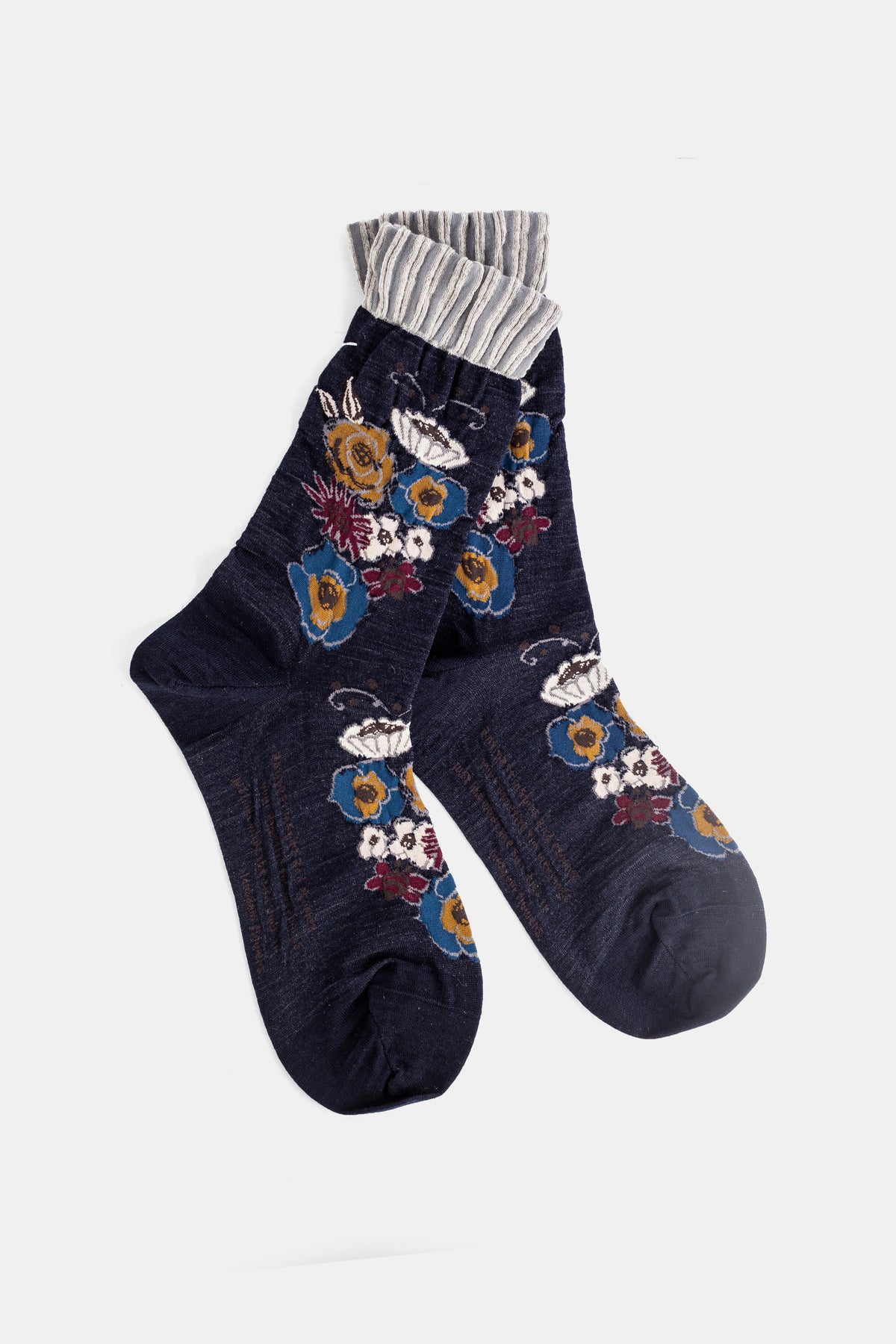 Antipast chaussettes femme bleu marine à motif floral multicolore et revers côtelé gris chiné