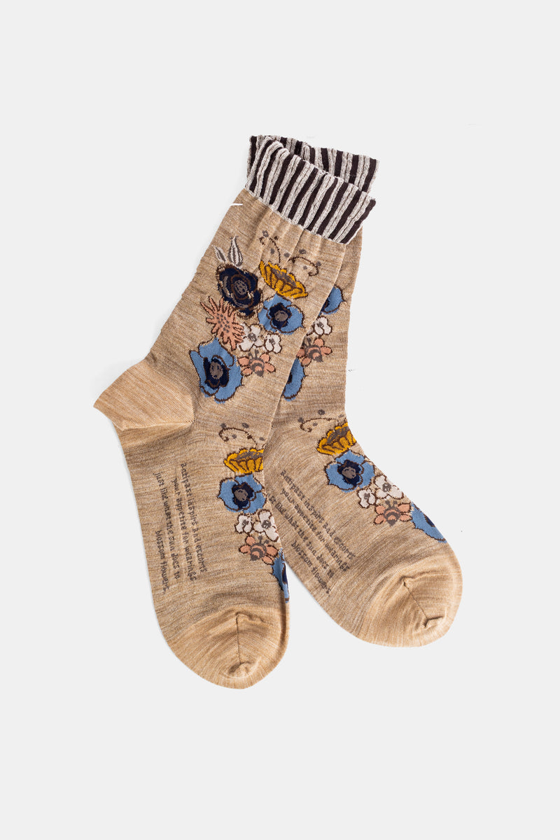 Antipast chaussettes femme en coton chiné beige à motif floral bleu et jaune avec revers rayé noir et blanc