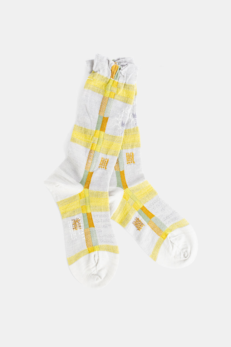 Antipast chaussettes mi-mollet à carreaux madras jacquard blanc et jaune vif pour femme