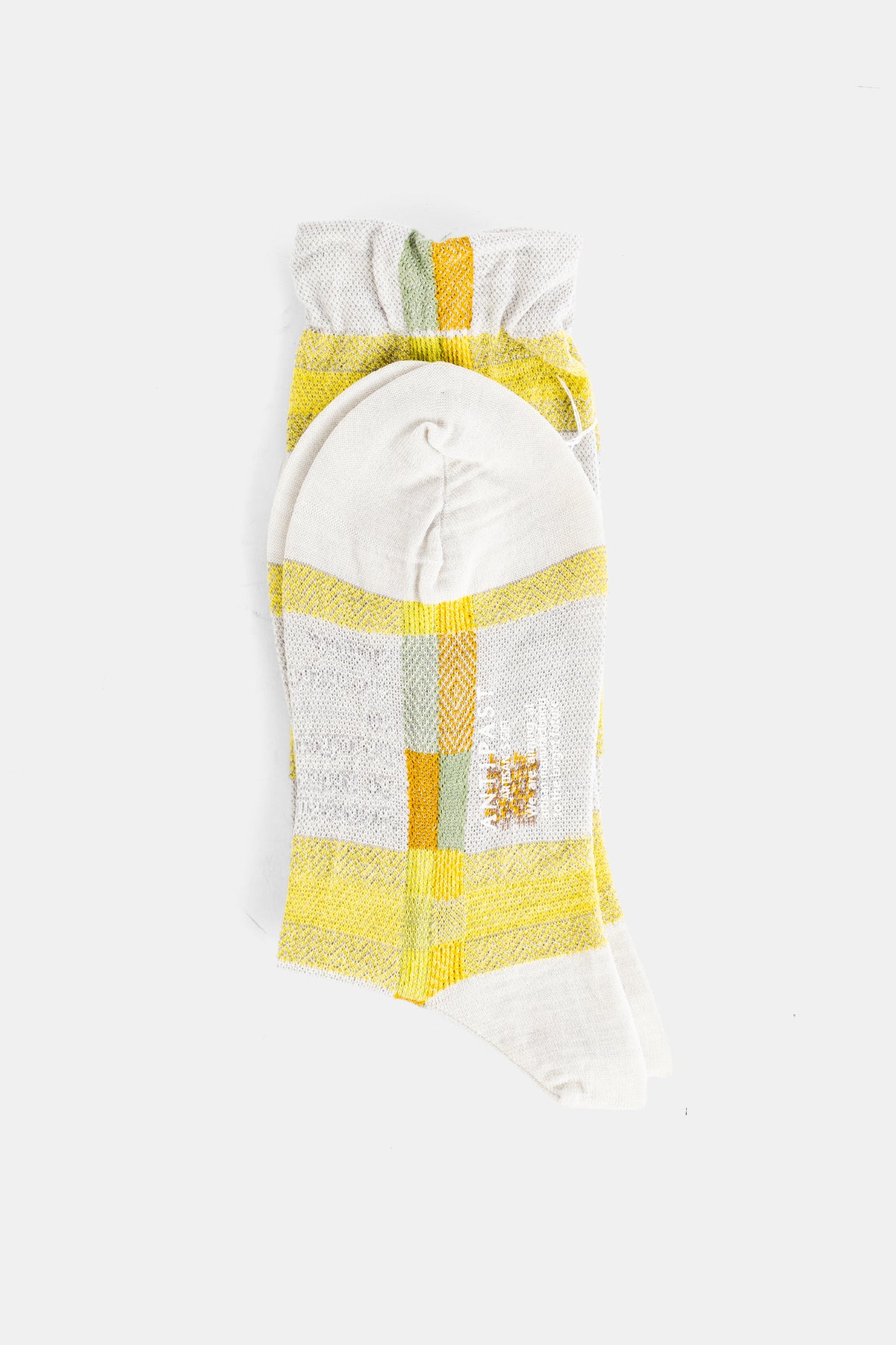 Antipast chaussettes femme coton texturé carreaux ton jaune citron et vert sauge, vue à plat pliée