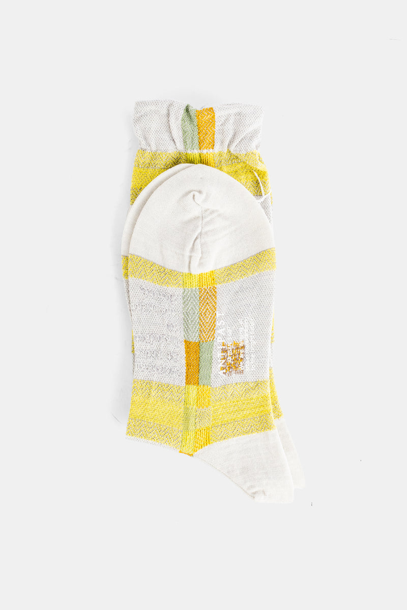 Antipast chaussettes femme coton texturé carreaux ton jaune citron et vert sauge, vue à plat pliée