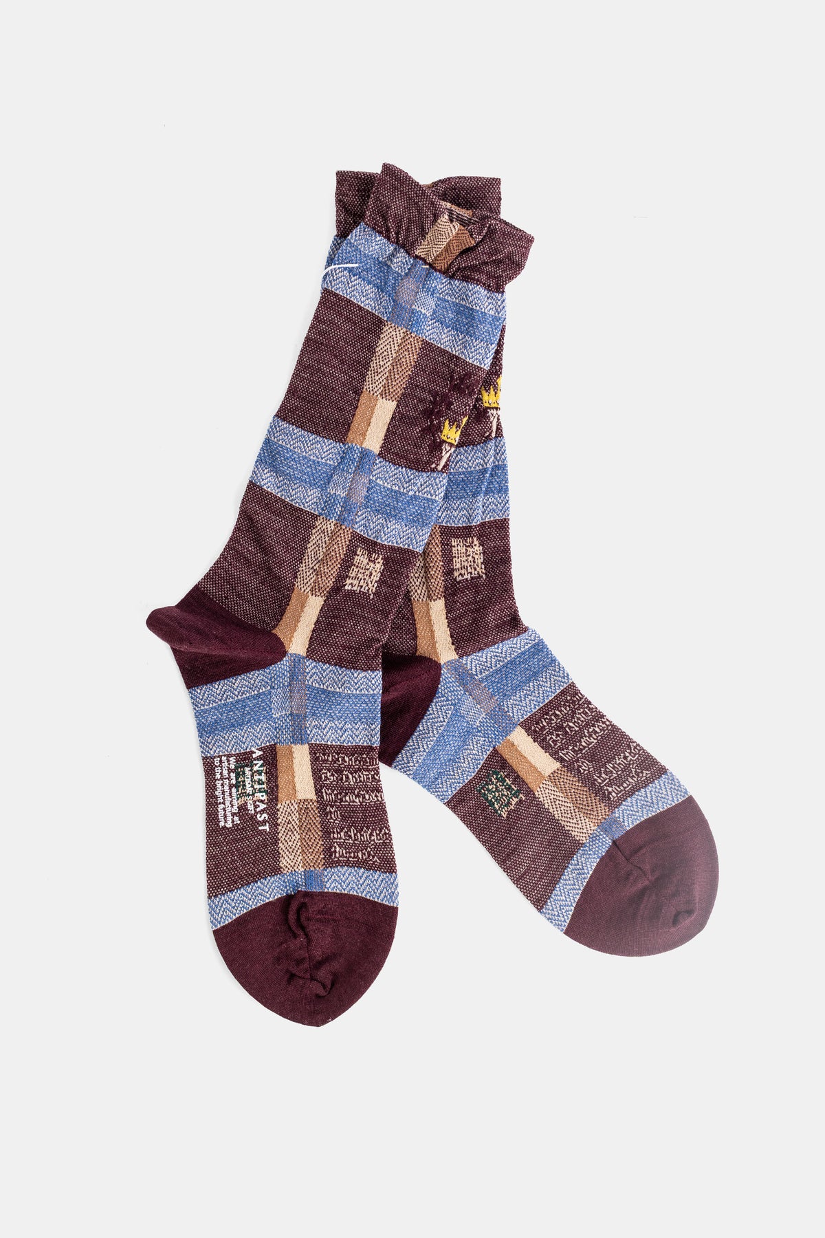 Antipast chaussettes à carreaux prune et bleu motif patchwork texturé avec revers froncé