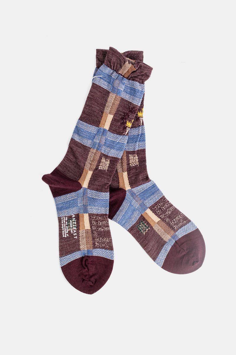 Antipast chaussettes à carreaux prune et bleu motif patchwork texturé avec revers froncé