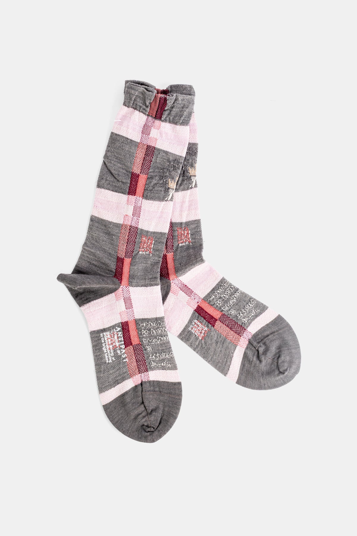 Antipast chaussettes hautes tartan tissé jacquard gris chiné rose poudré et bordeaux avec renfort anthracite