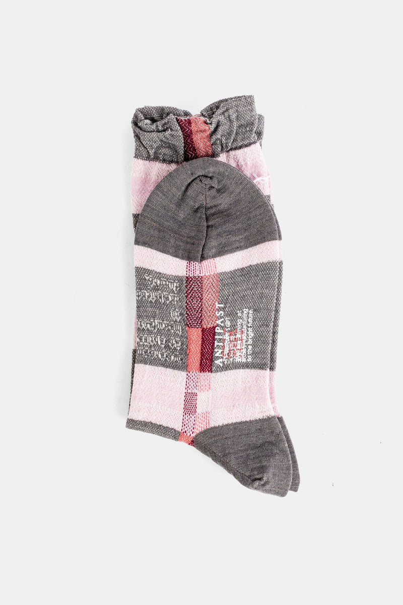 Antipast socquettes pliées motif vichy coton mélangé pointe et talon gris foncé rayures roses et rouges