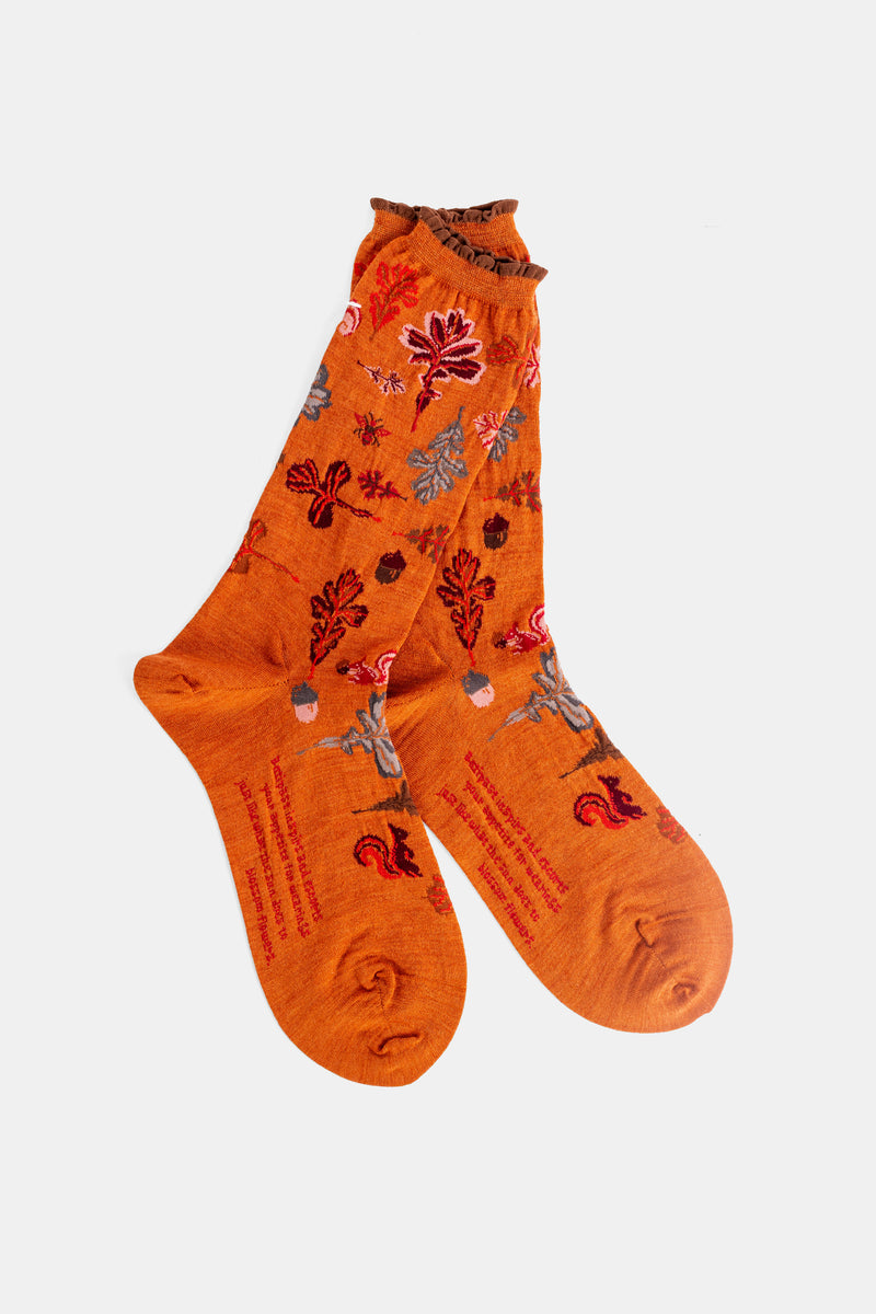 Antipast chaussettes orange motif automnal écureuils feuilles de chêne poignet froncé marron femme