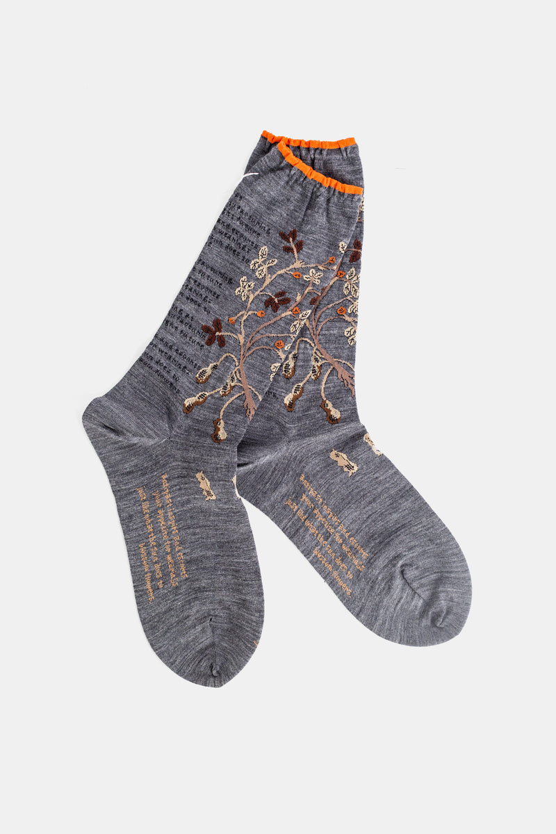 Antipast chaussettes mi-mollet grises chinées motif floral brodé tons rouille et liseré orange en laine mélangée