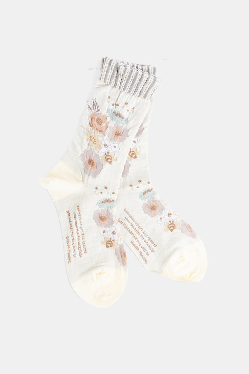 Antipast chaussettes écrues à motif floral pastel rose lilas céladon avec bordure élastique froncée femme