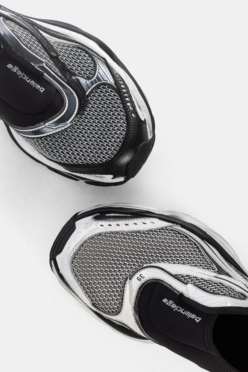 Balenciaga men's D'Orsay slip-on top view of the pair in silver grey hexagonal mesh, size 39 with black insole.