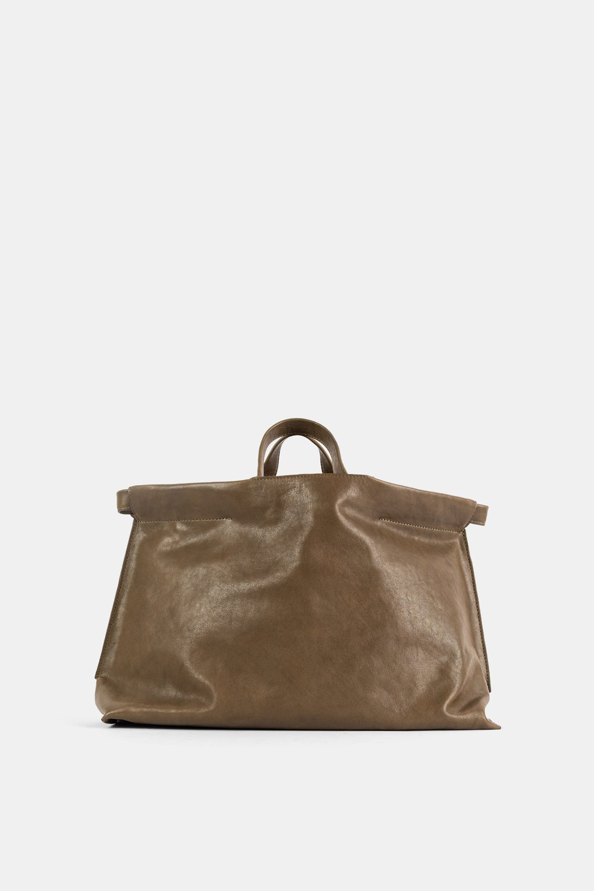 Bea Mombaers Shopper Midi en cuir souple déstructuré, silhouette trapèze avec anses rondes, coloris kaki