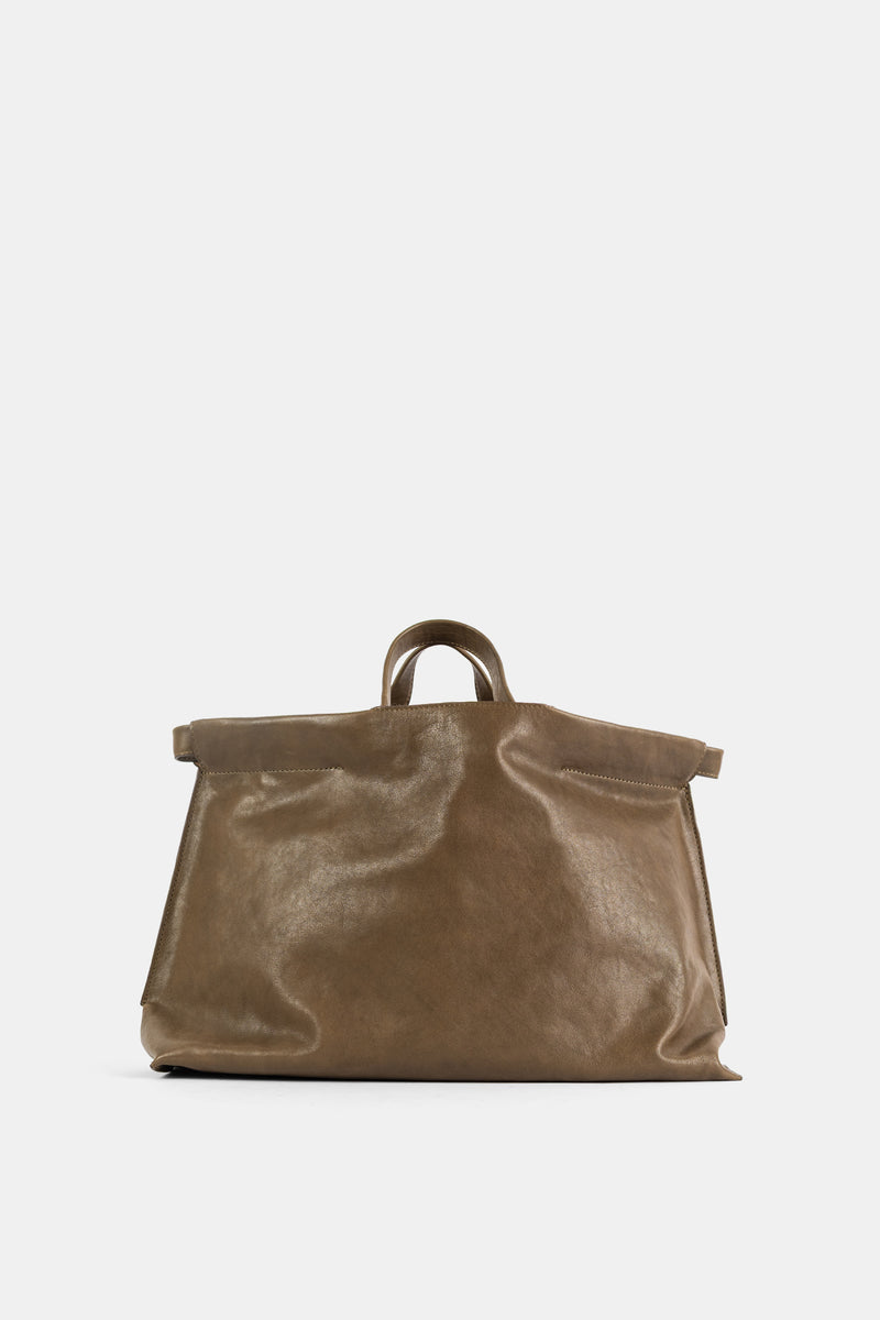 Bea Mombaers Shopper Midi en cuir souple déstructuré, silhouette trapèze avec anses rondes, coloris kaki