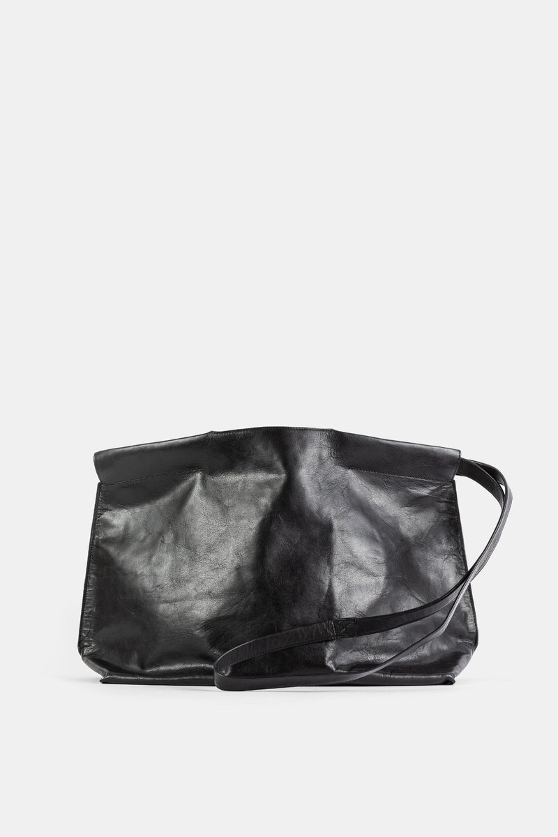 Bea Mombaers Sac Shopper Midi en cuir souple froissé noir, silhouette déstructurée avec bandoulière fine