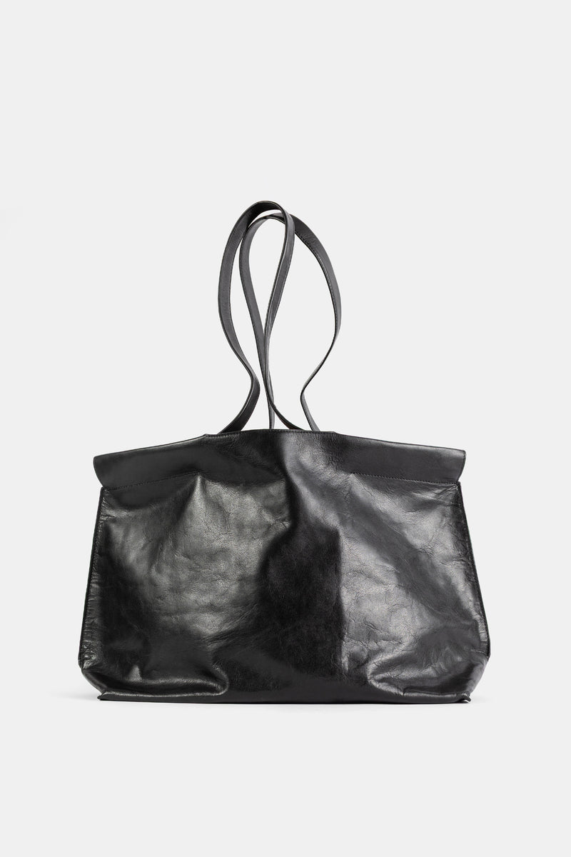 Bea Mombaers Shopper Midi noir, vue dos en cuir vieilli avec anses longues entrelacées