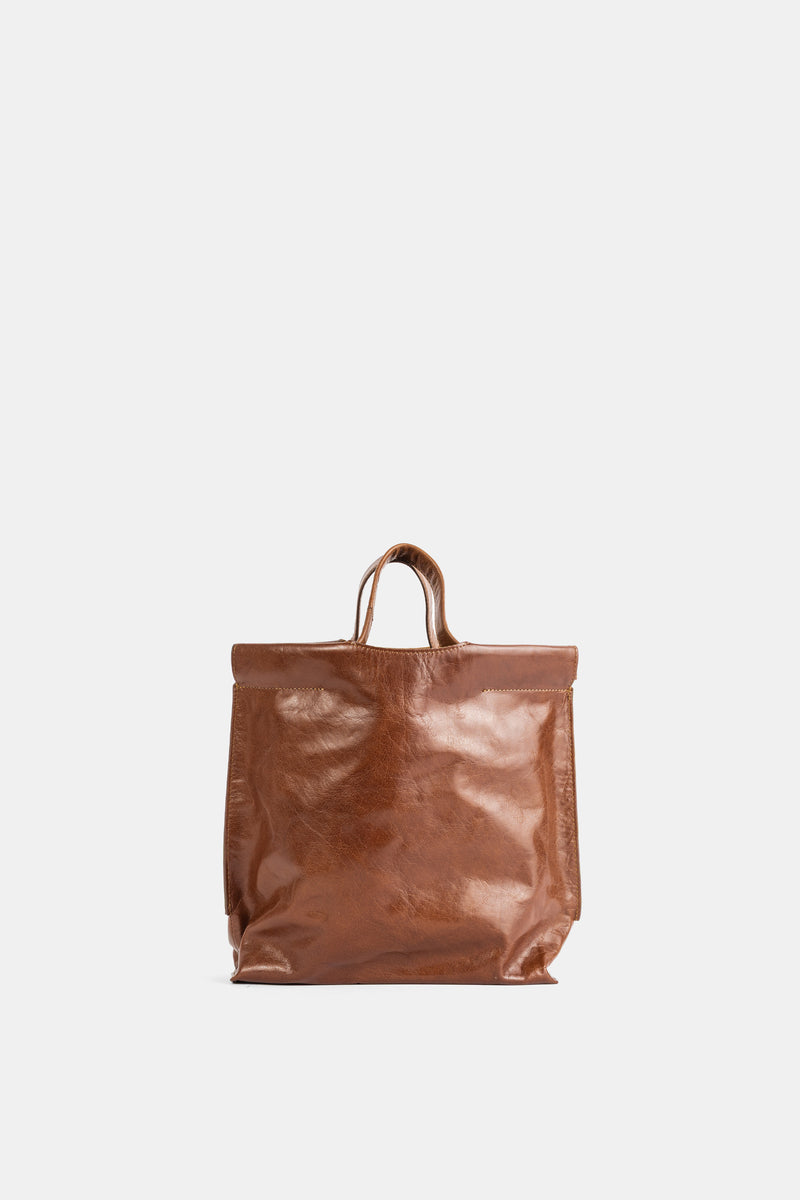 Bea Mombaers Shopper S tote bag en cuir tumbled cognac brillant, anses courtes, silhouette structurée