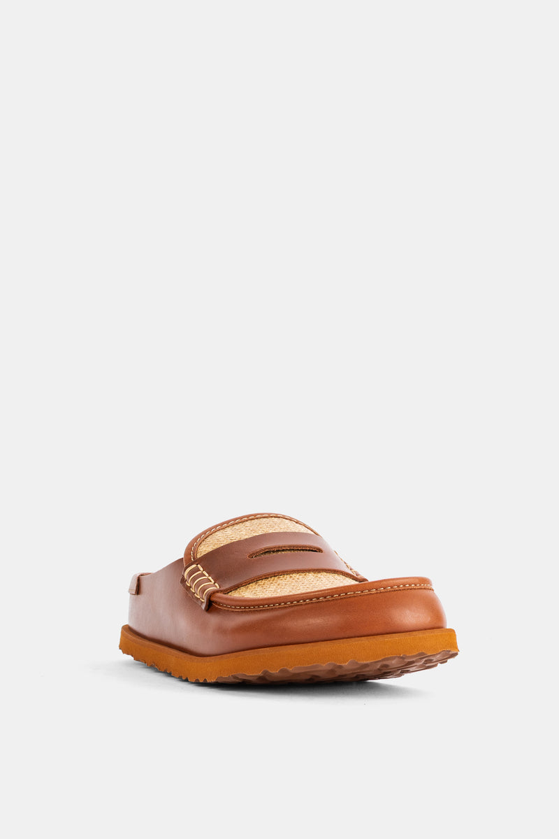 Sabot Birkenstock 1774 Naples donna in pelle cognac con suola spessa in gomma ambra e cinturino penny loafer