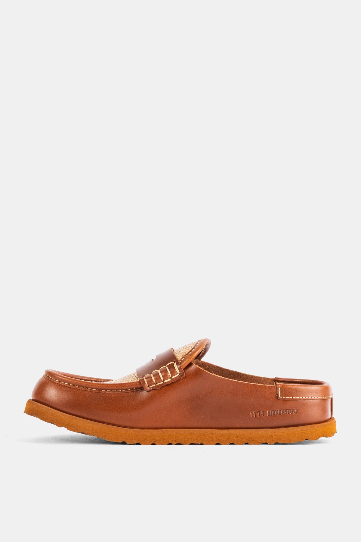 Sabot Birkenstock 1774 Naples donna in pelle liscia caramello con fibbia dorata e suola laterale in gomma