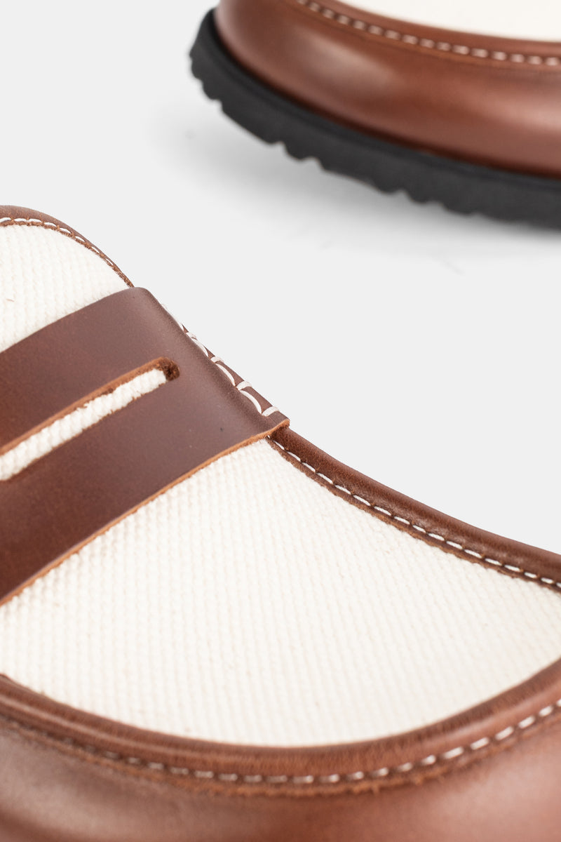 Detail van de Birkenstock 1774 Naples mule met kaneelkleurige pennyband op ecru vilt en lichte stiksels.