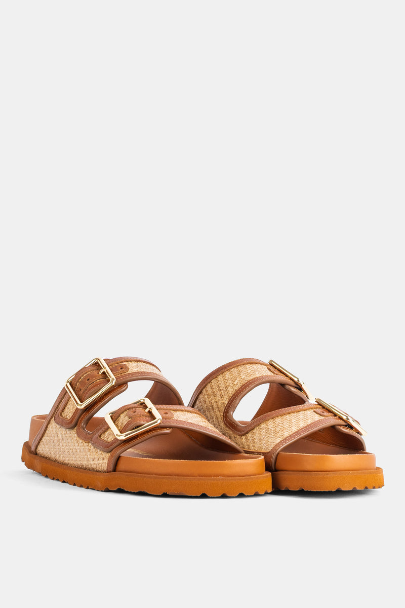 Sandali Arizona Ginger Birkenstock 1774, vista posteriore con suola in gomma camel e cinturini in rafia naturale.