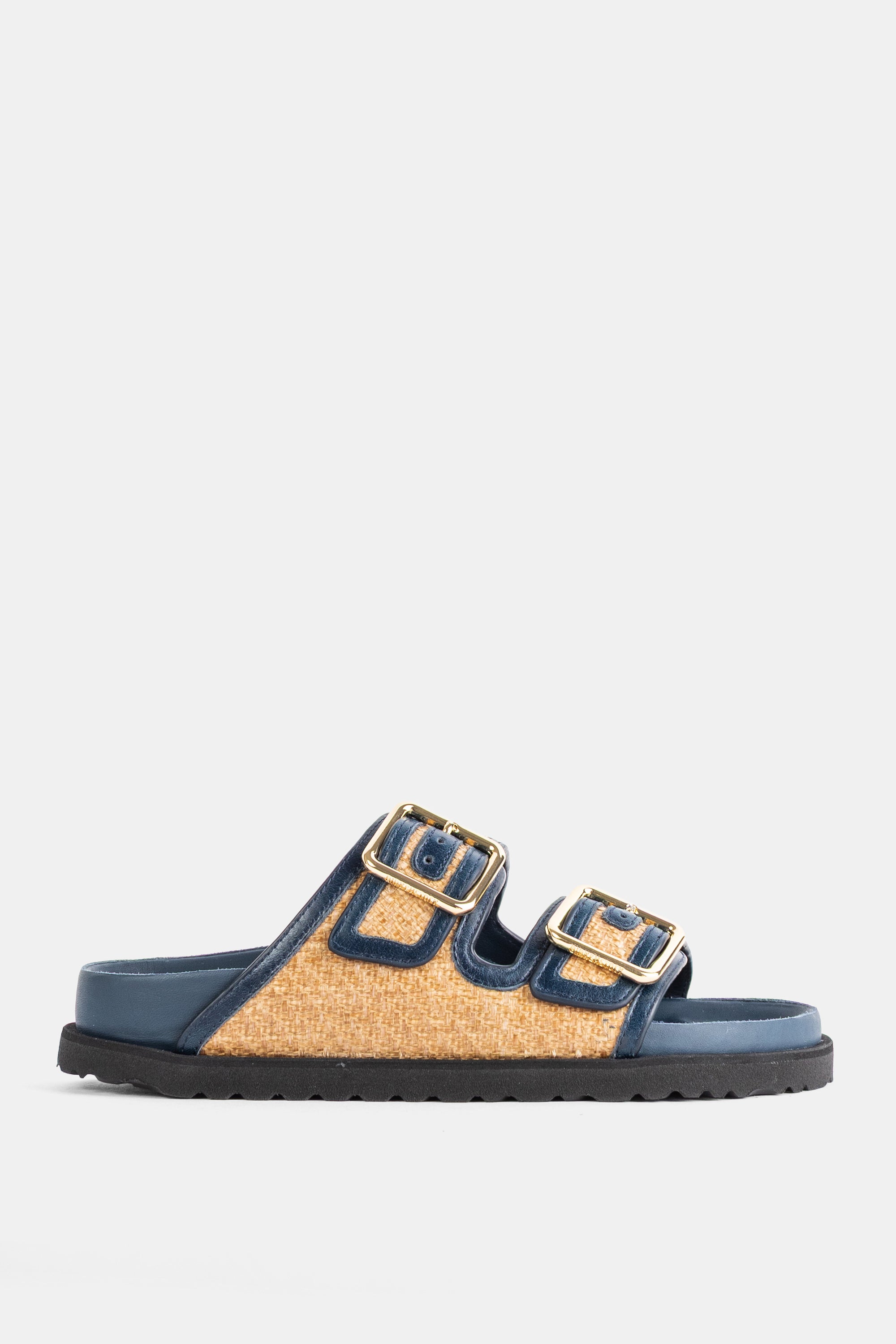 Birkenstock 1774 Arizona Navy sandals in raffia and blue leather