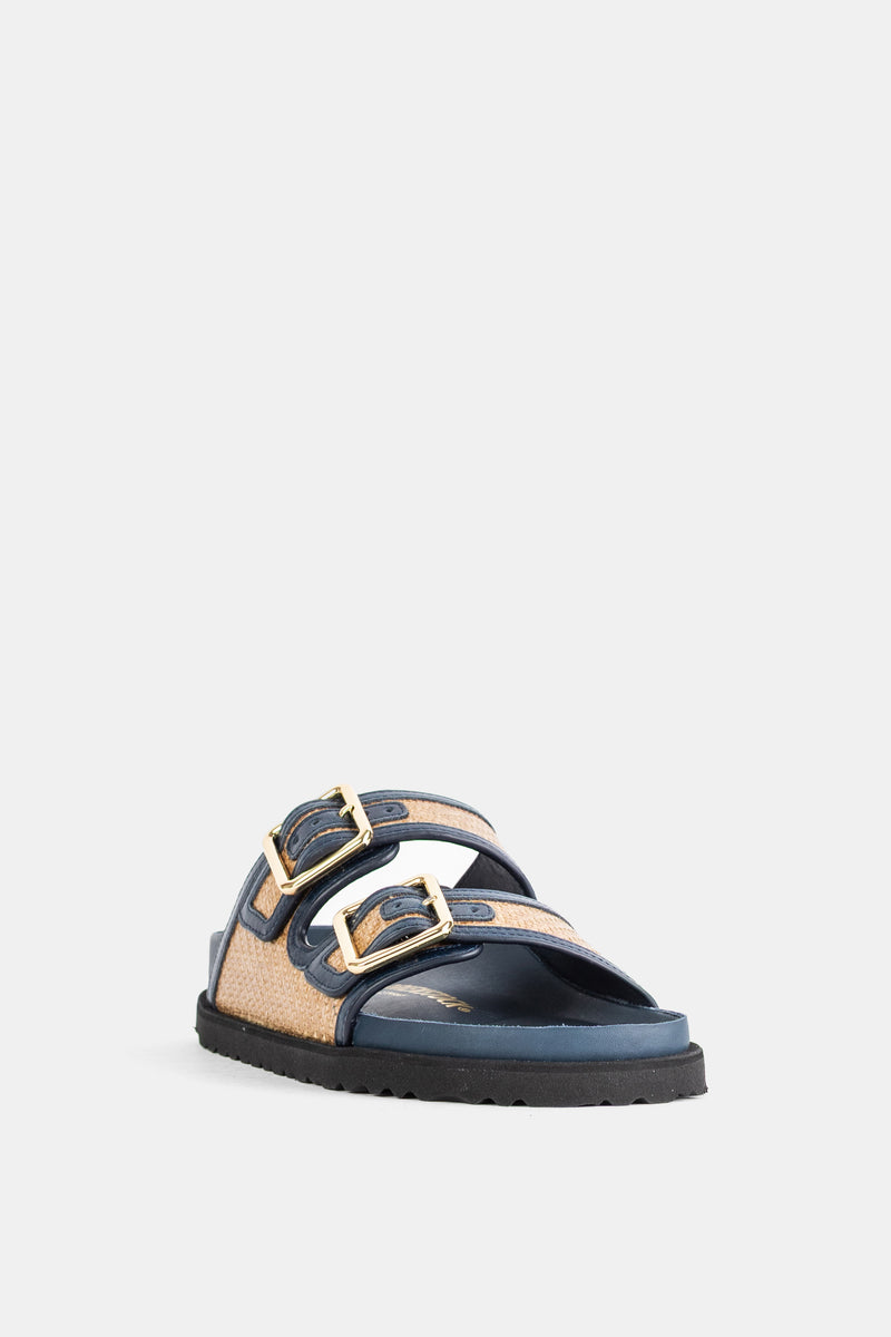 Ciabatte Birkenstock 1774 Arizona donna vista frontale in rafia beige e pelle navy con fibbie dorate