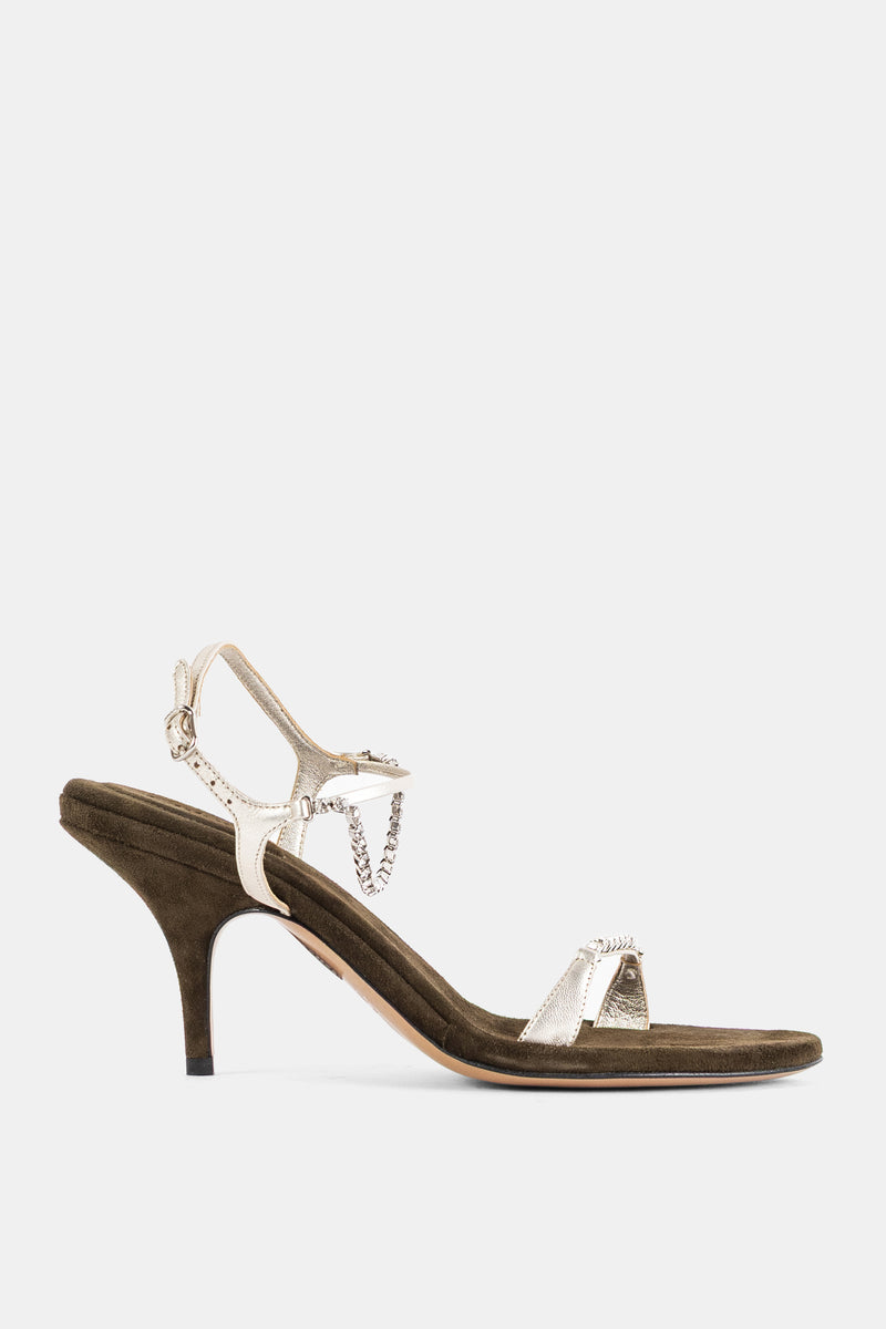 Chloé escarpins Zia sandales à talon aiguille en cuir doré métallisé et daim kaki avec chaîne strass