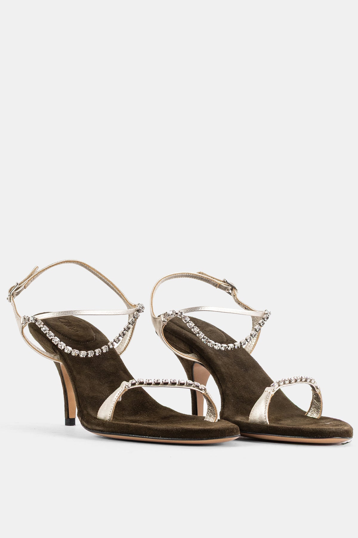 Chloé Zia paire de sandales khaki vue de face, détail double bride ornée de cristaux et semelle velours