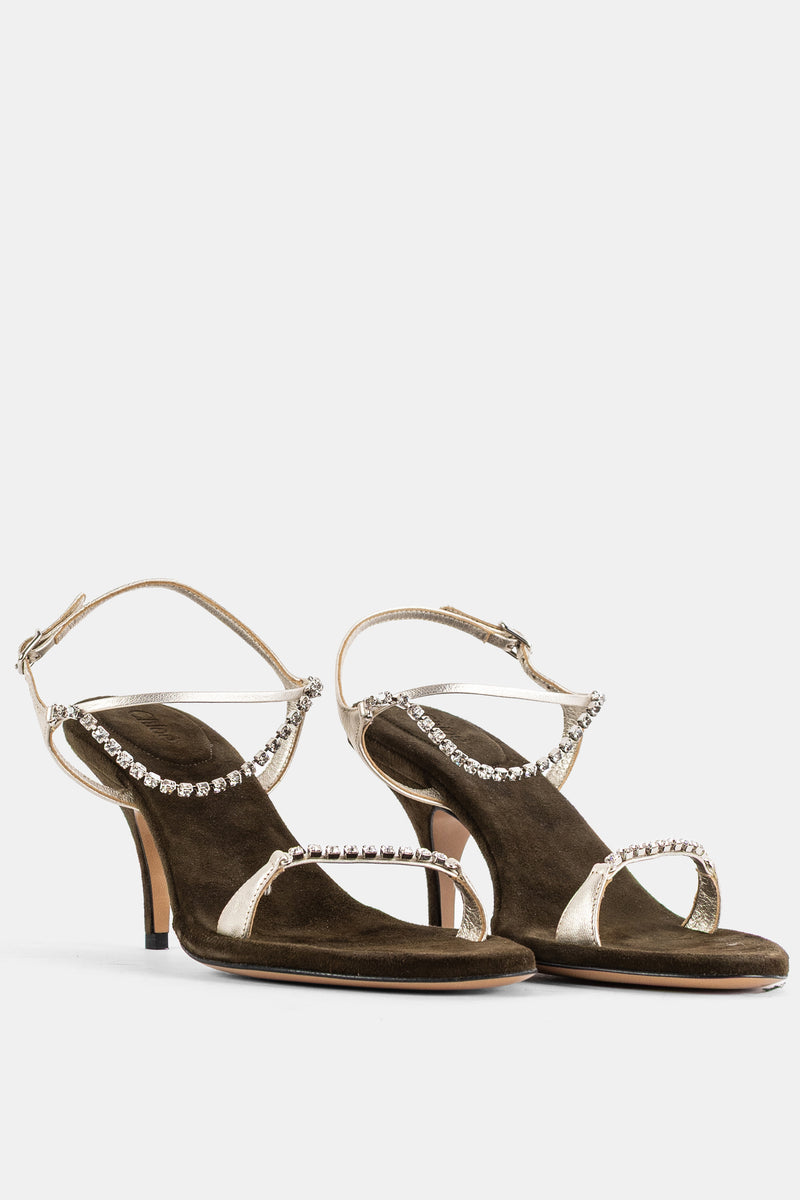Chloé Zia paire de sandales khaki vue de face, détail double bride ornée de cristaux et semelle velours
