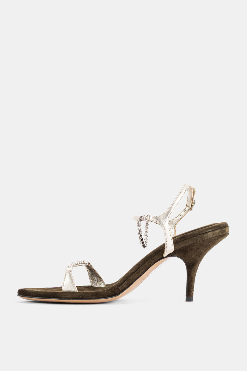 Chloé Zia escarpin profil droit, talon kitten kaki velouté et bride dorée ornée de strass argentés