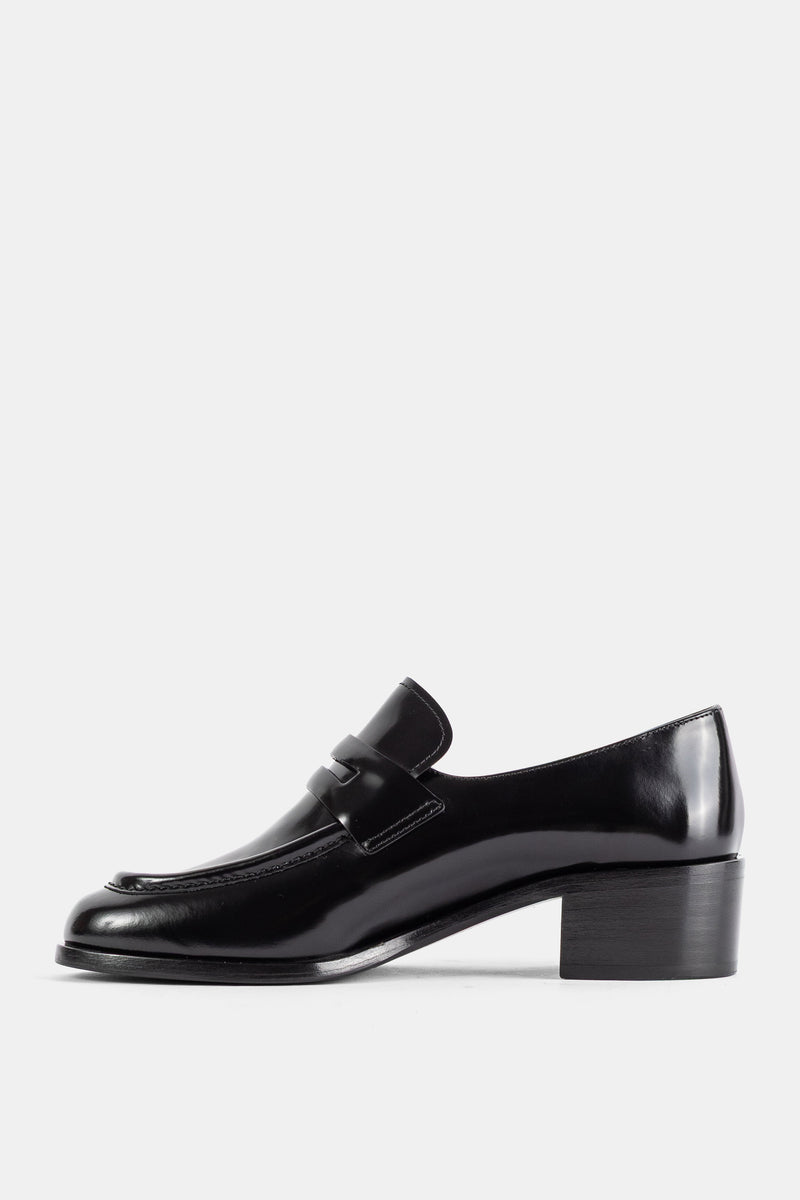 Church's Prudence mocassin cuir veau poli noir, profil latéral droit, talon bloc bas et tige lisse brillante