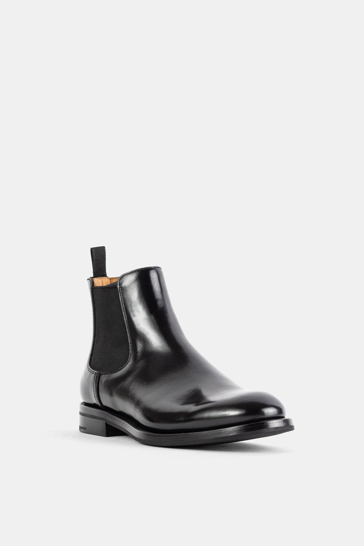 Church's bottine femme Monmouth cuir veau poli noir brillant, tige lisse structurée, talon plat carré