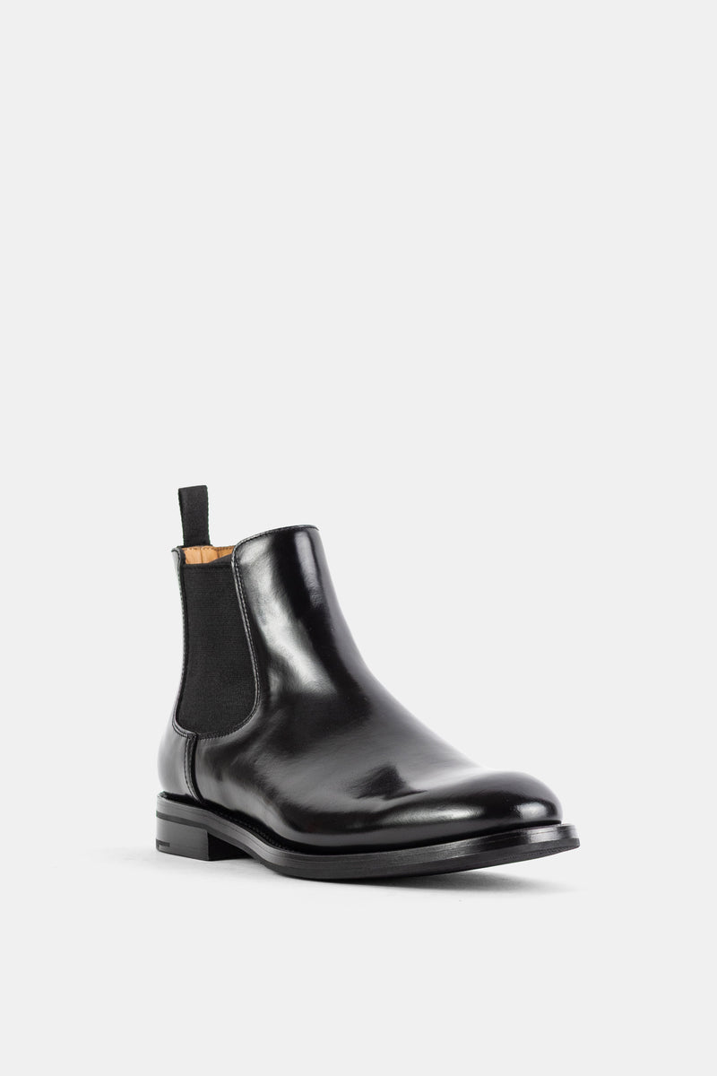 Church's bottine femme Monmouth cuir veau poli noir brillant, tige lisse structurée, talon plat carré