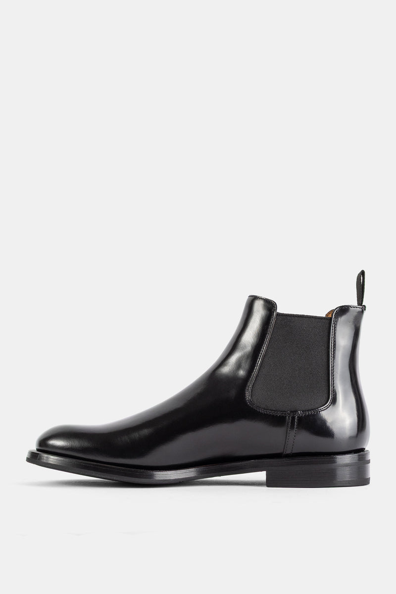 Church's Monmouth bottine Chelsea noire profil latéral, insert élastique côté, cuir veau poli haute brillance