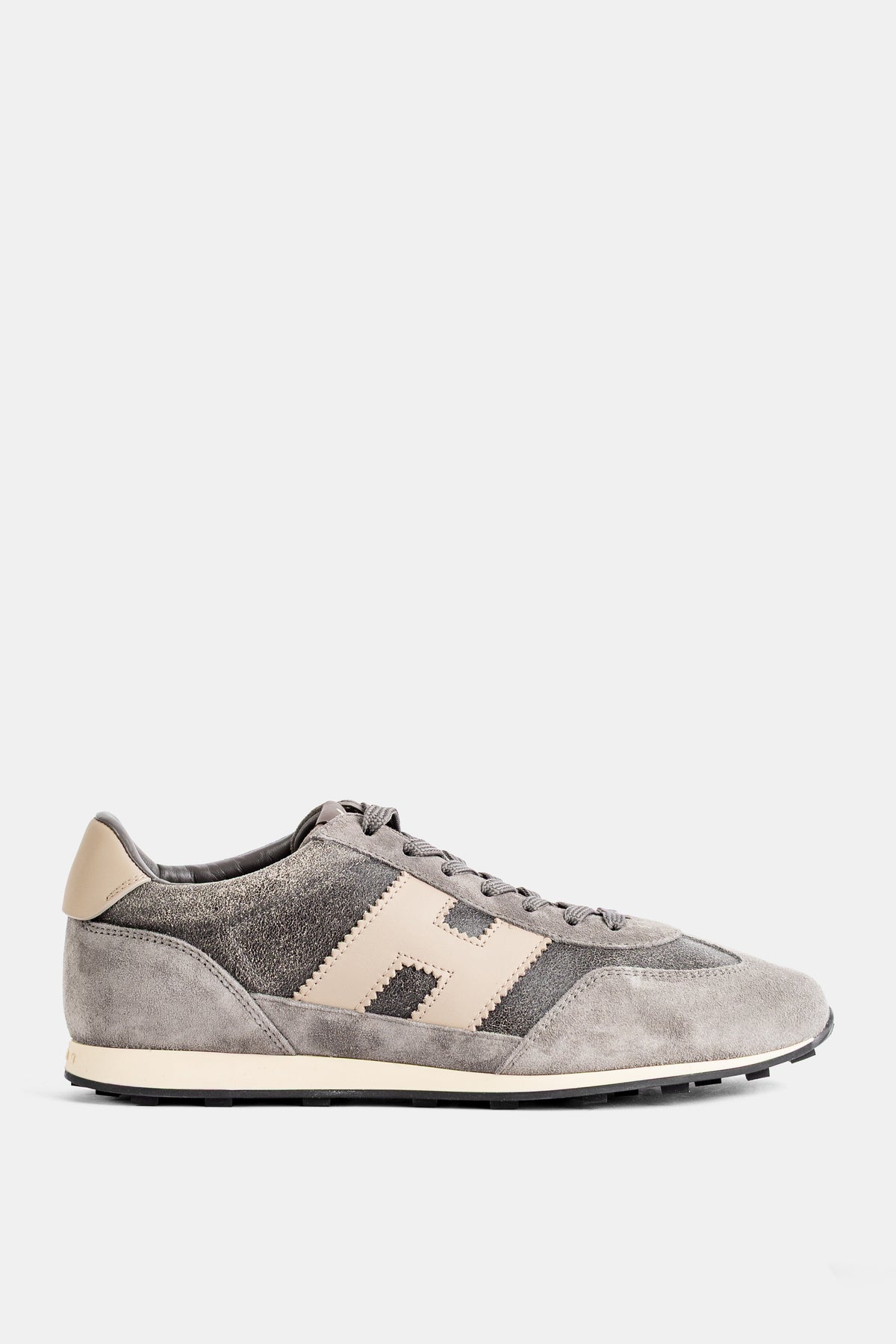 Sneakers basse Hogan Olympia in camoscio grigio e beige con logo H laterale, profilo running vintage