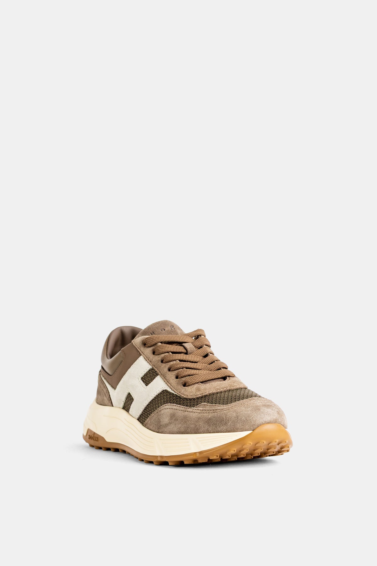 Sneaker Hogan Hyperlight uomo in camoscio marrone, lacci abbinati, suola gomma caramello e zeppa bianca