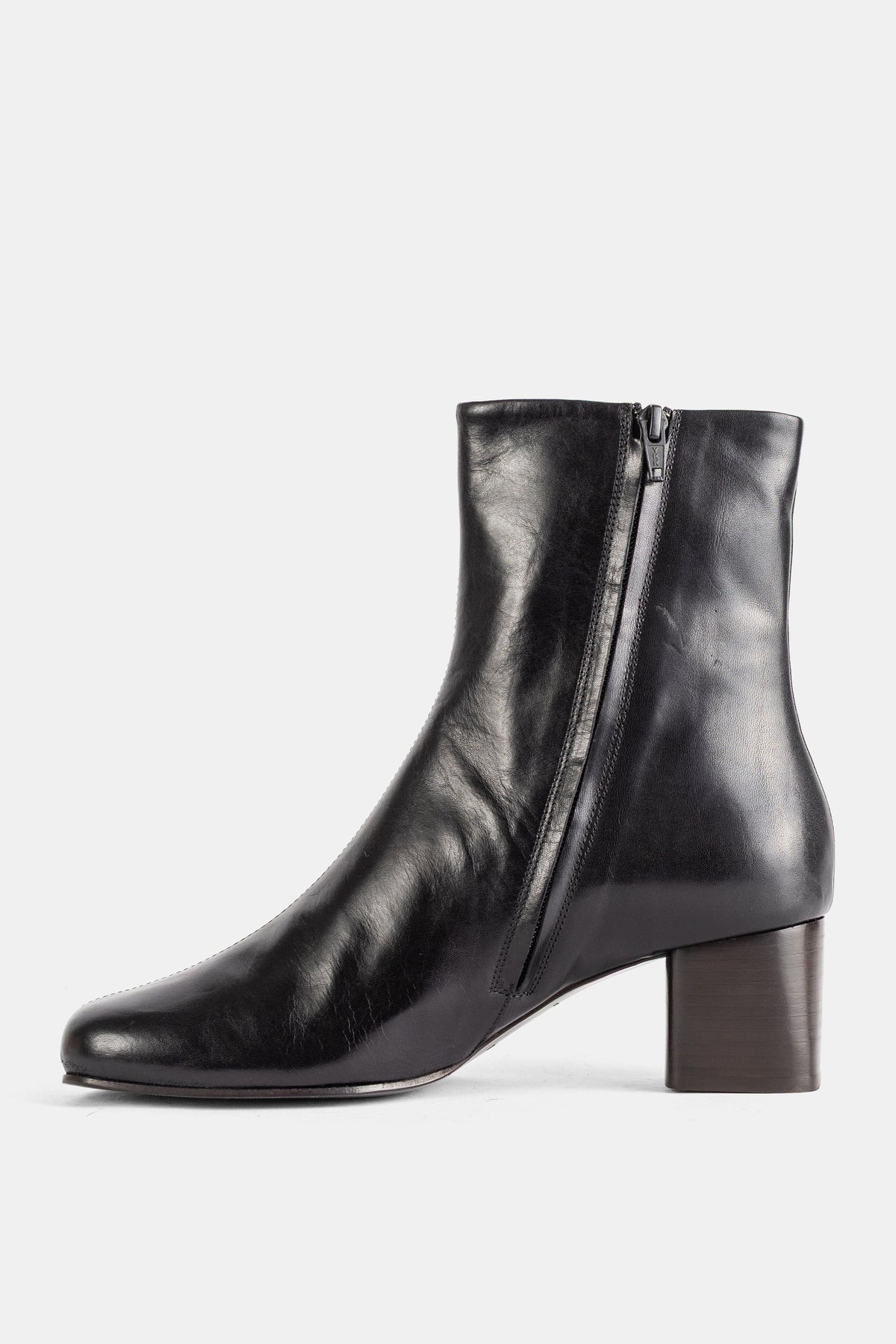 Lemaire bottines Anatomic 55 mm cuir noir zip intérieur talon bloc bois profil intérieur cheville femme