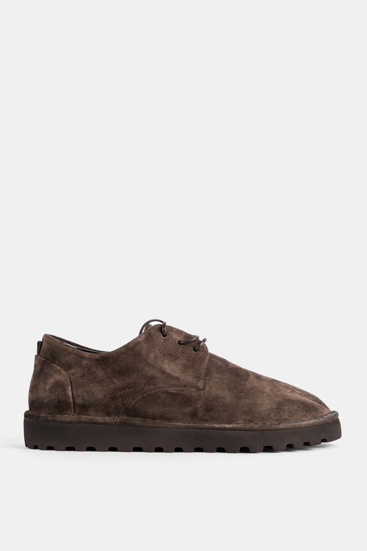 Marsell Sancrispa Alta derby en daim marron, silhouette ronde et volume souple, semelle crantée épaisse