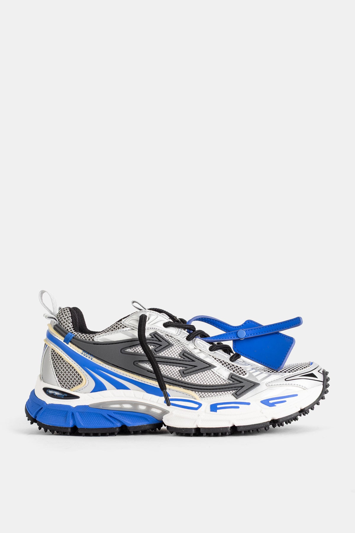 Off-White baskets Be Right Back chunky mesh et cuir coloris gris argent et bleu électrique avec semelle épaisse