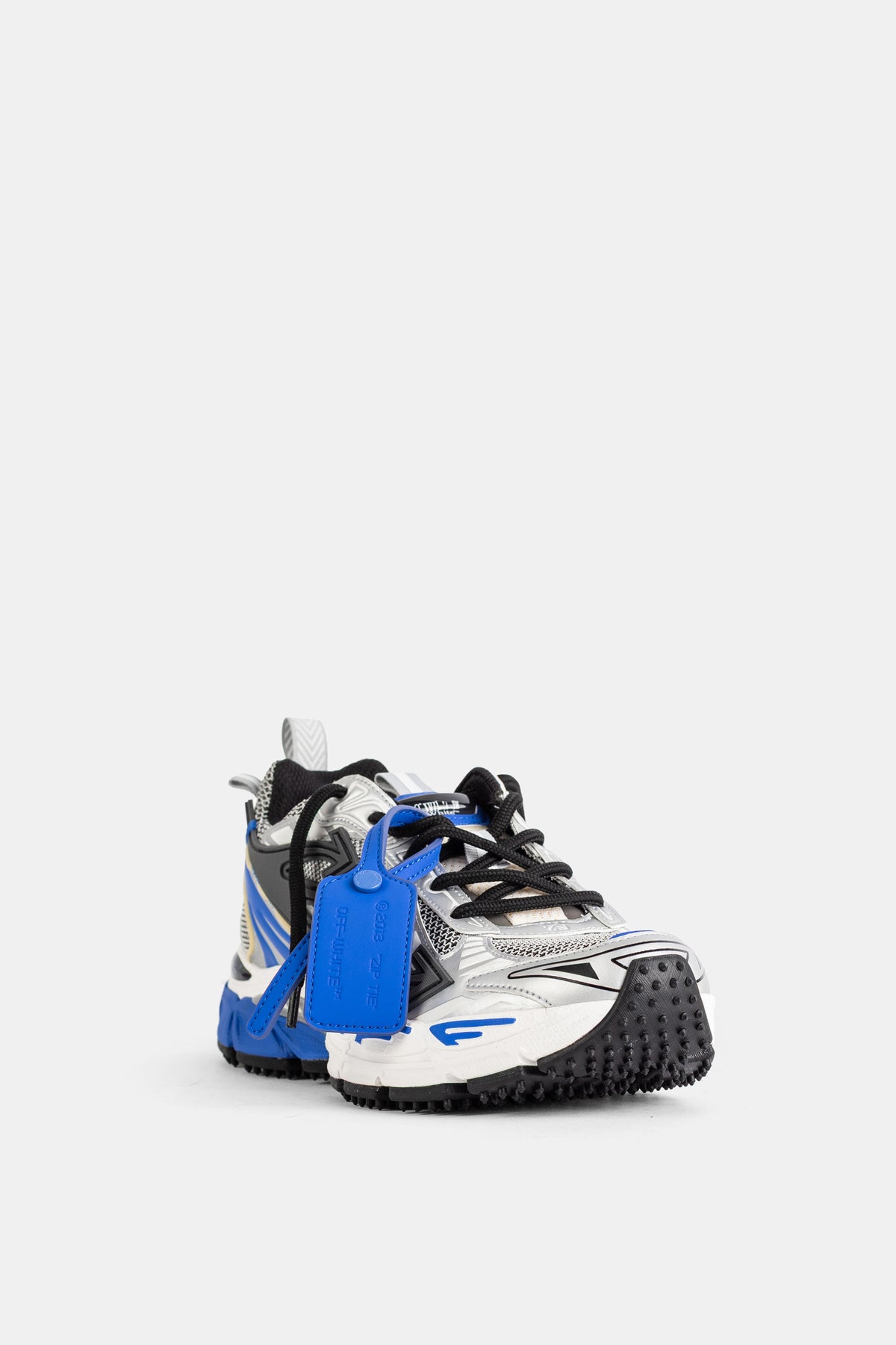 Off-White sneakers Be Right Back homme avec tag bleu électrique, lacets noirs et semelle gomme noire