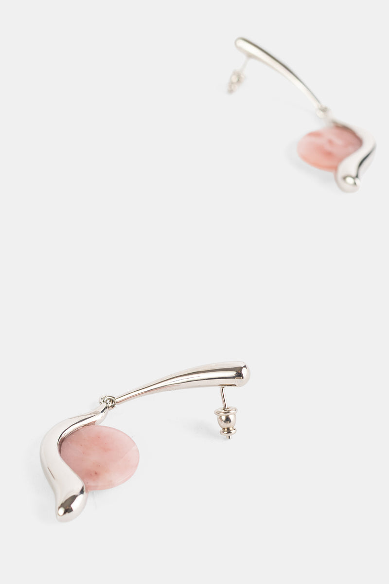 Panconesi earrings Ascolto Aura Drop vue dos fermoir tige métal argenté brillant et cabochon quartz rose ovale