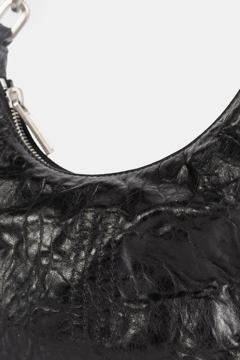 Rick Owens Disco Gemini Bag détail zip argenté double curseur sur cuir froissé noir patché