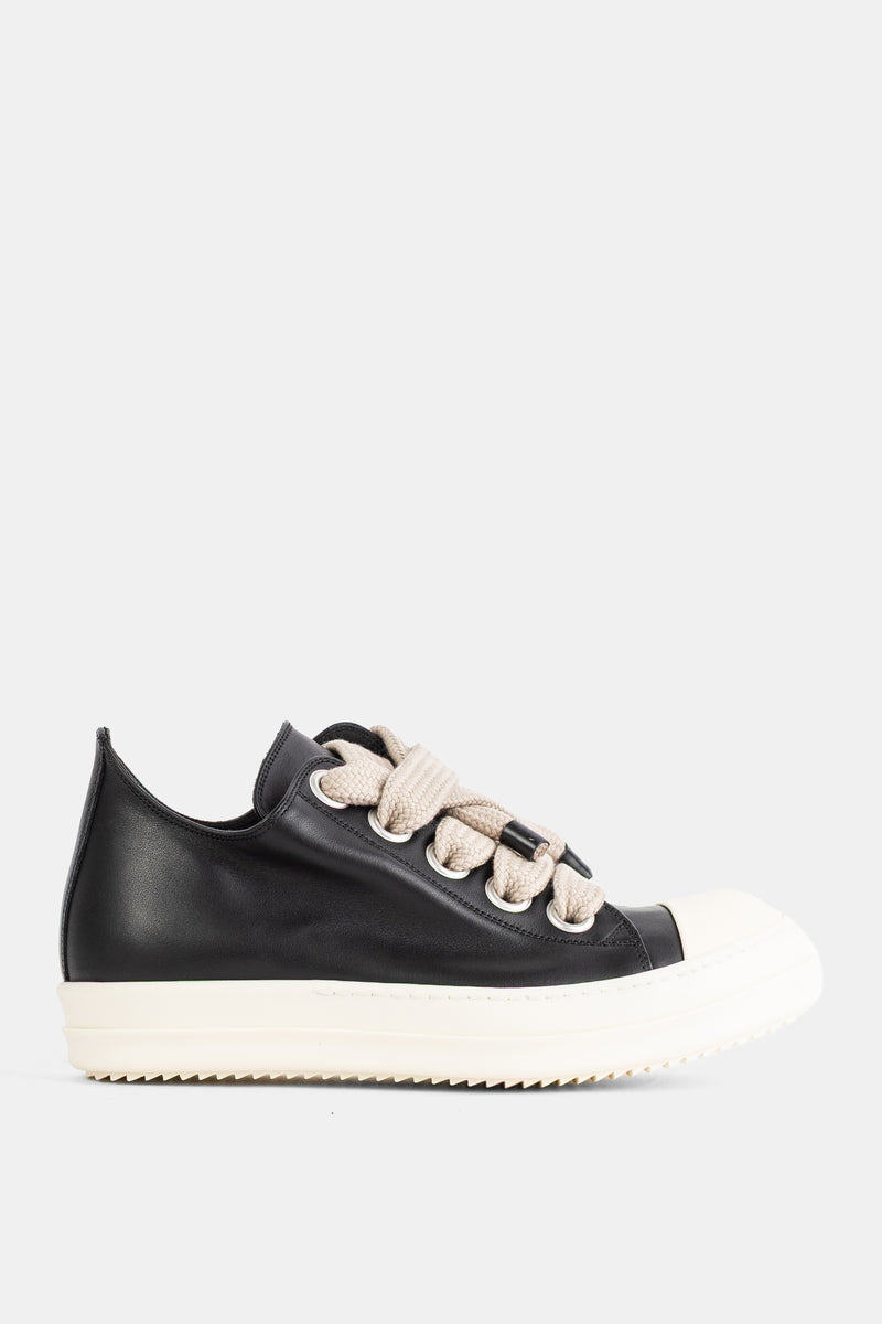Rick Owens sneakers Jumbolace Low cuir lisse noir semelle ivoire lacets oversize beige low-top