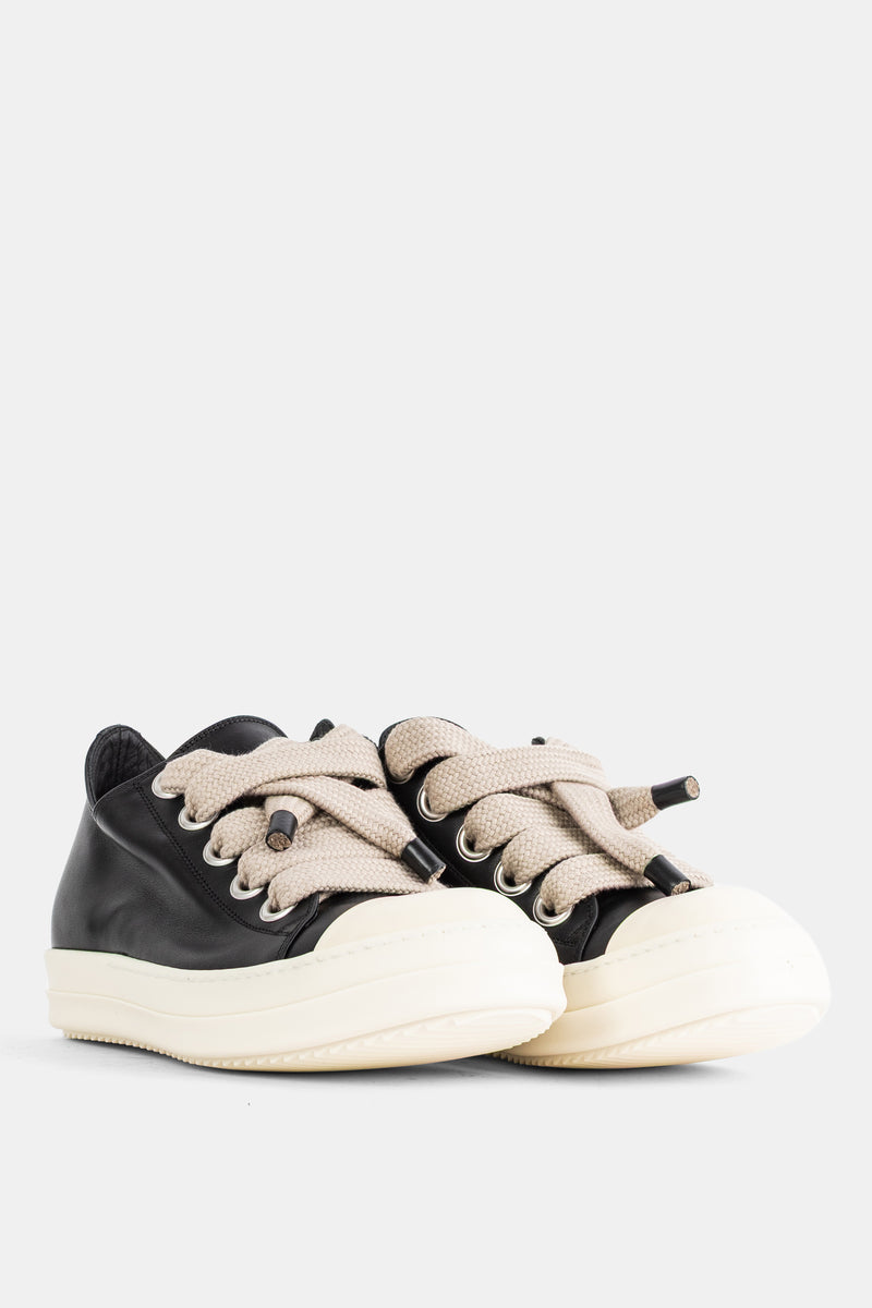 Rick Owens Jumbolace Low paire posée, lacets tressés beige extra-larges sur tige cuir noir et bout cap ivoire