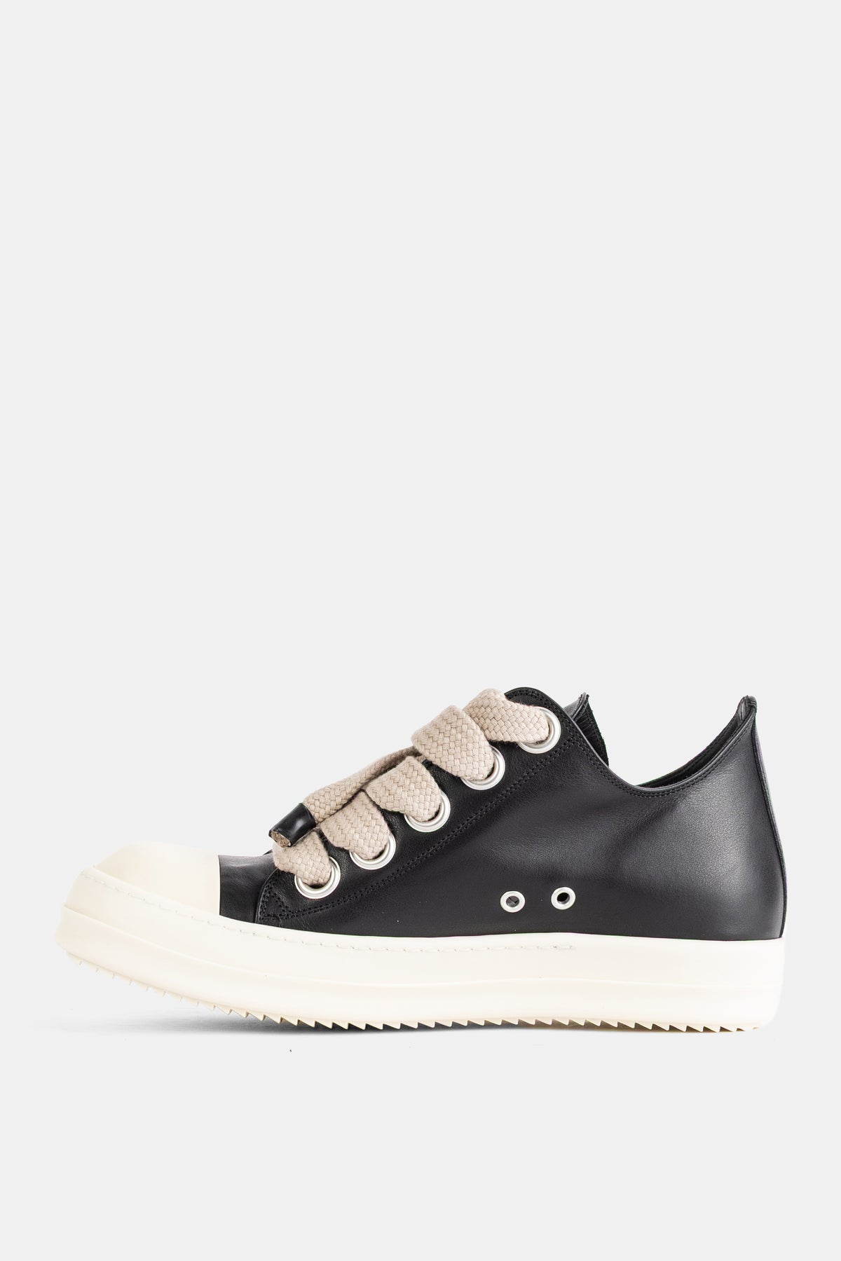 Rick Owens Jumbolace Low profil latéral, œillets argentés oversize et lacets épais tressés sur cuir souple noir