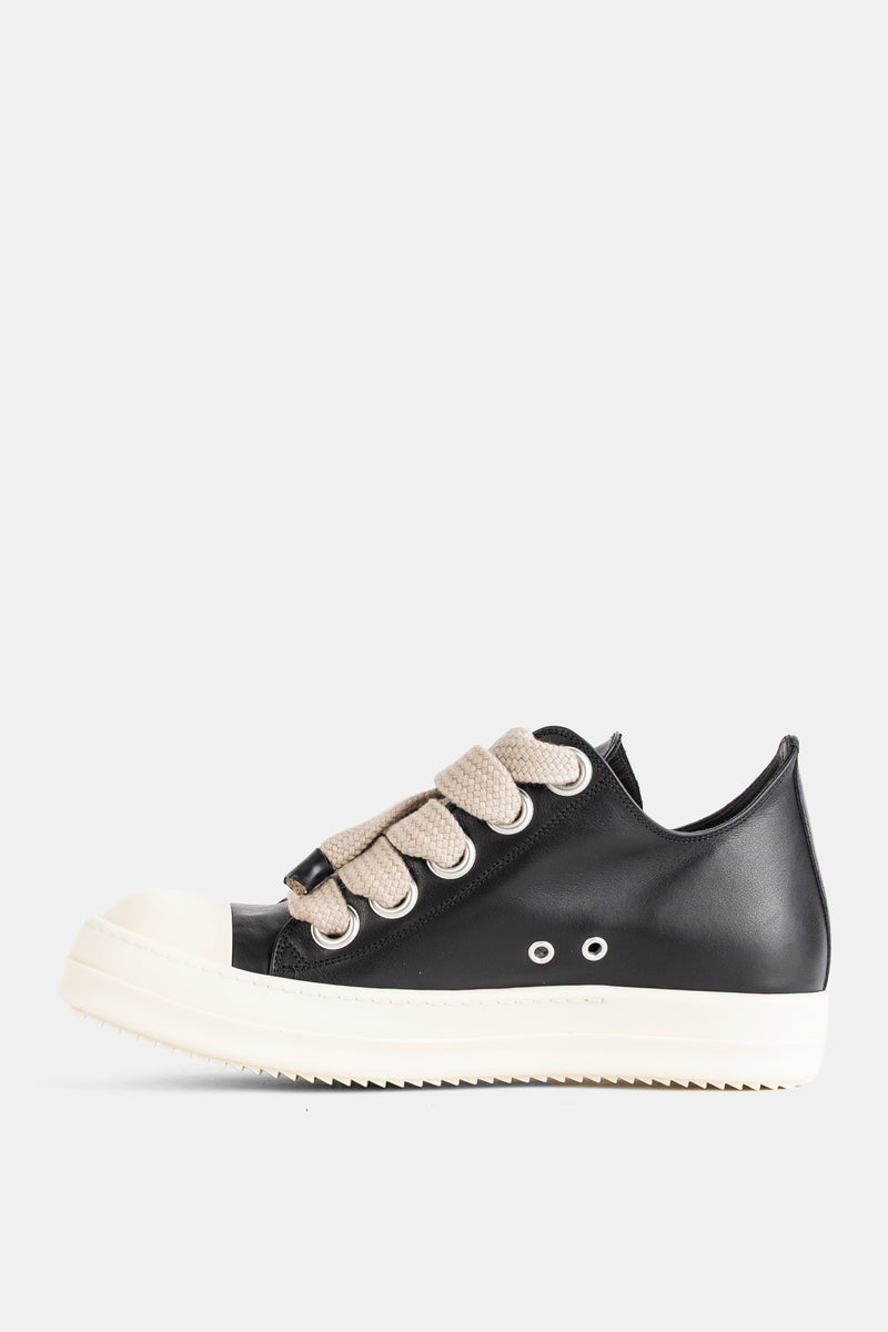 Rick Owens Jumbolace Low profil latéral, œillets argentés oversize et lacets épais tressés sur cuir souple noir