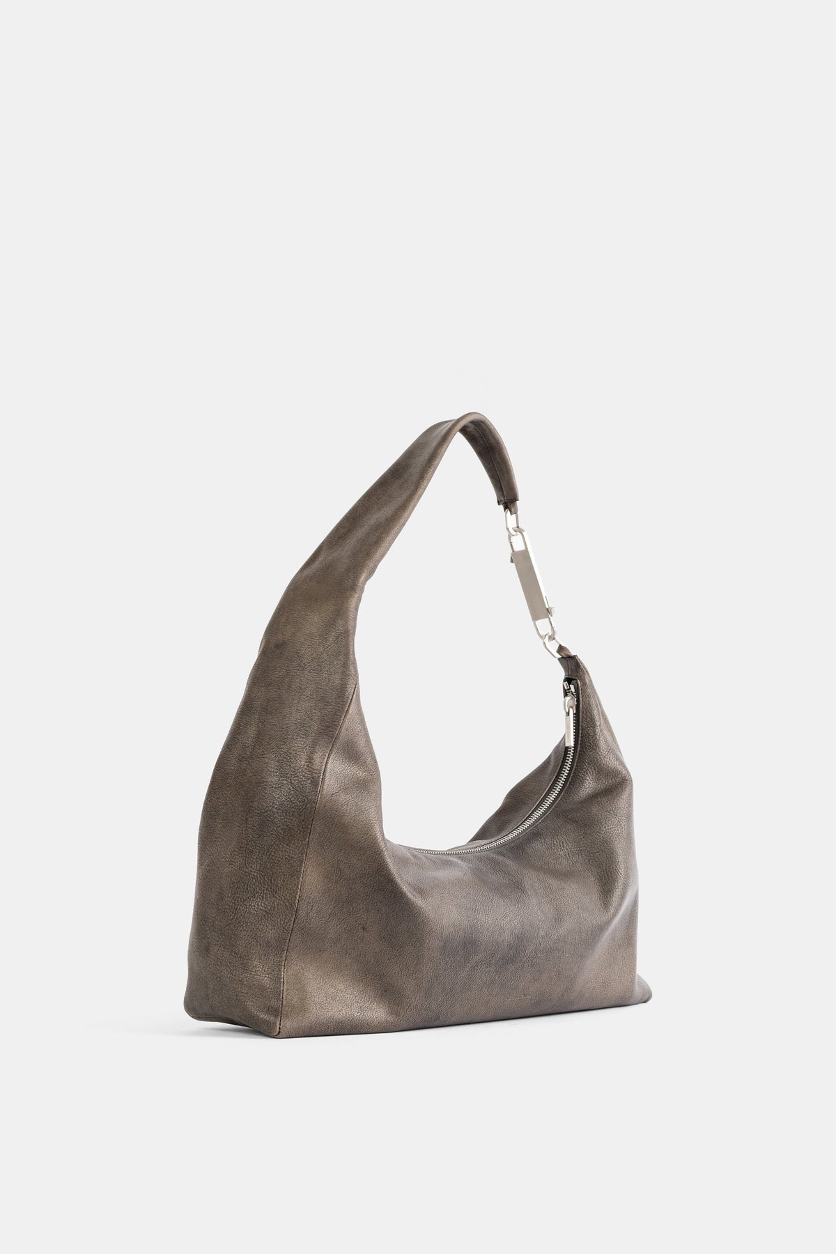 Three-quarter view of the Rick Owens Cropped Gemini Bag with silver zipper and asymmetrical grained leather strap